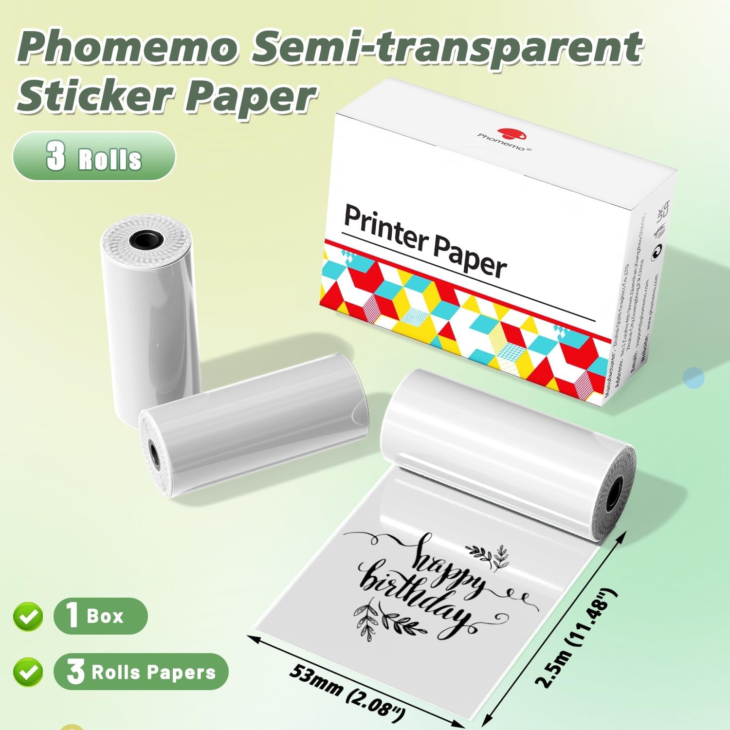 Semi-Transparent Sticker Thermal Paper, Self-Adhesive for for  M02/M02 Pro/M02S/M03 Mini Pocket Printer，50Mm X 2.5M, Diameter 30Mm, 3 Rolls
