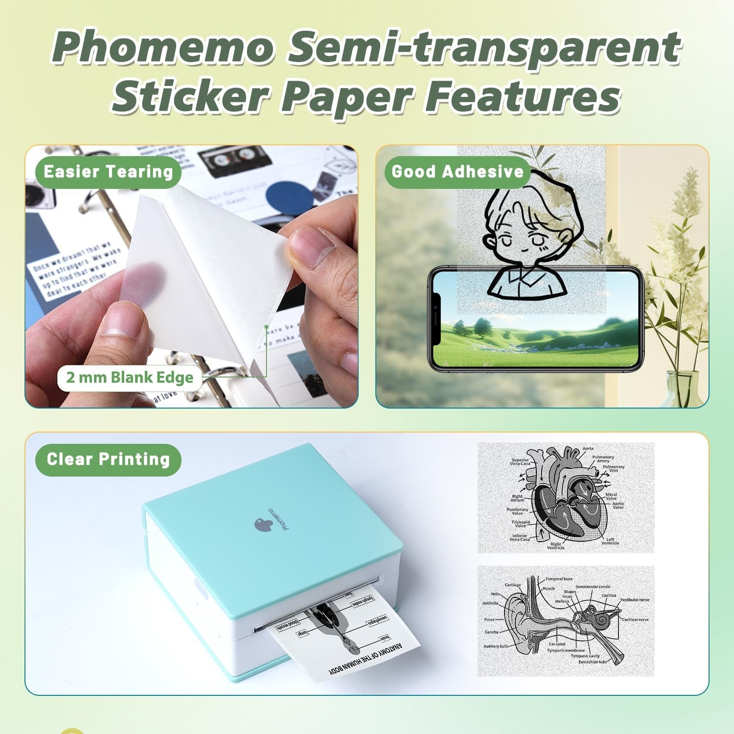 Semi-Transparent Sticker Thermal Paper, Self-Adhesive for for  M02/M02 Pro/M02S/M03 Mini Pocket Printer，50Mm X 2.5M, Diameter 30Mm, 3 Rolls